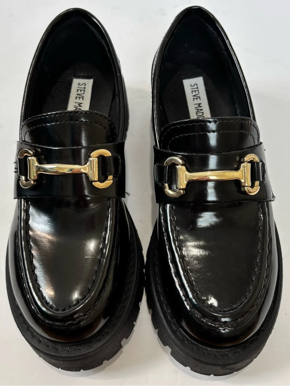 NEW Steve Madden Horsebit Lando Black Patent Chunky Platform Lug Sole Loafer 5.5